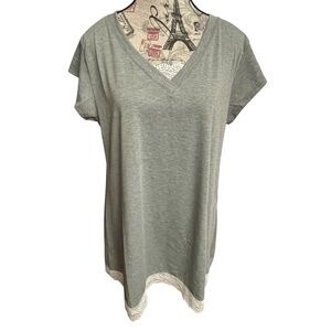 Women's Gray V-Neck Top with Lace Detail